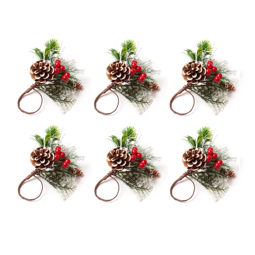 Кольца для салфеток Набор из 6 ягод с сосновыми иголками Рождество Праздник Благодарения Держатели колец для салфеток в деревенском фермерском доме
