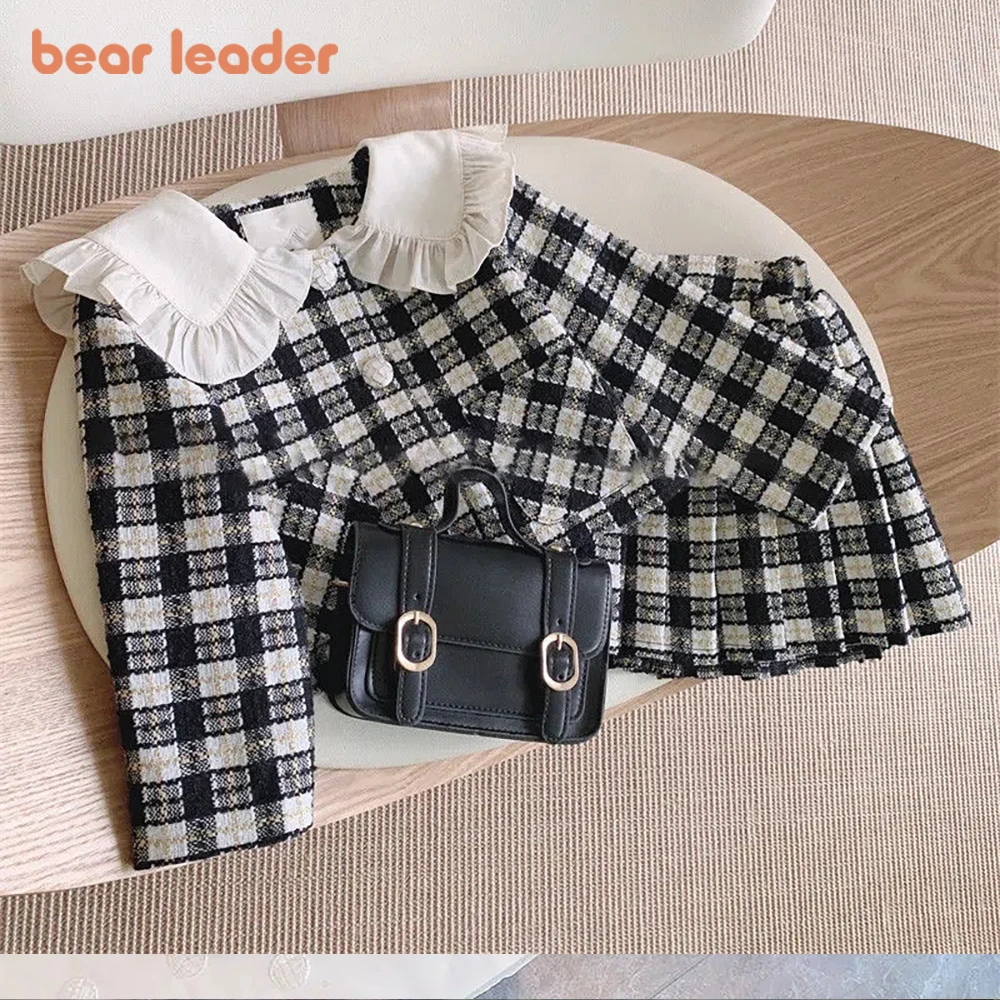 Комплект для девочек Bear Leader, Весна-осень 2023, Модное Спортивное пальто в клетку с кукольным воротником для девочек + Плиссированная юбка, Комплект из двух предметов
