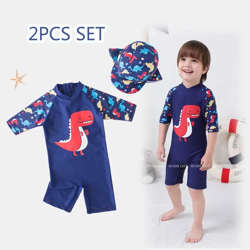 Комплект одежды для мальчиков, Детский цельный купальник, синий купальник с динозавром + шляпа, Пляжная одежда для плавания для девочек, мультяшный купальный костюм