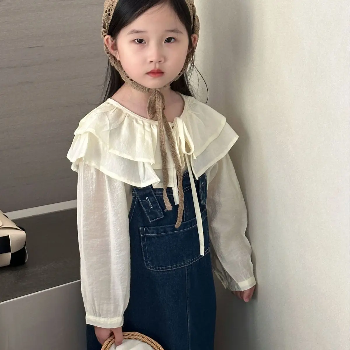 Корейская детская одежда 2023, Осенняя рубашка с кукольным вырезом для девочек, Брюки с высокой талией и прямым ремешком, Детская одежда Осенней моды