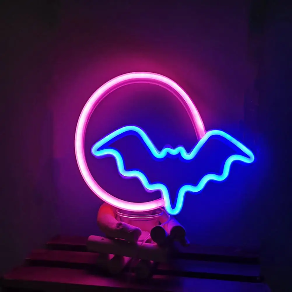 Лампа-летучая мышь на Хэллоуин, неоновая лампа-летучая мышь на Хэллоуин, светодиодная вывеска на USB / батарейках для настенного художественного декора, не бросающаяся в глаза вечеринка уникальной формы