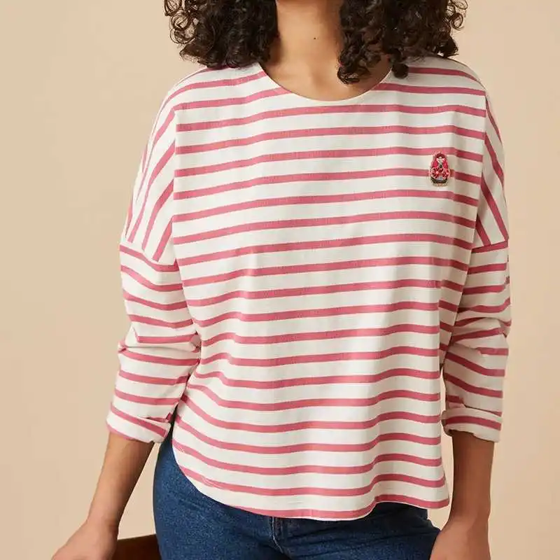 Летняя женская футболка из чистого хлопка с круглым вырезом и длинными рукавами в карамельную полоску