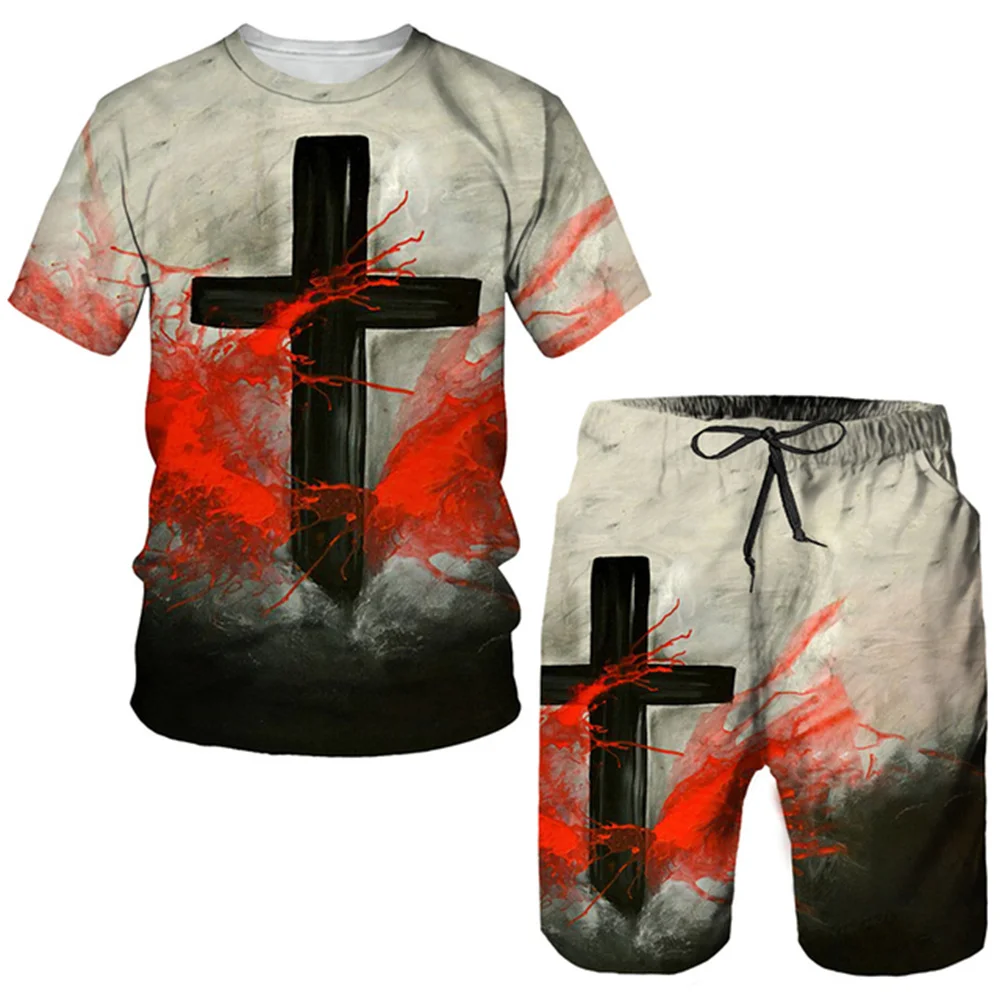 Летняя мужская футболка с 3D изображением Иисуса, шорты с коротким рукавом, модная уличная одежда с христианским принтом, уличная одежда из 2 предметов, спортивная одежда из 2 предметов