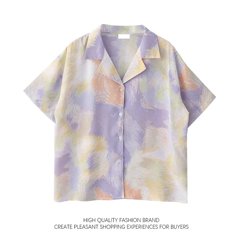 Летняя Новая Французская блузка с коротким рукавом, винтажная рубашка с принтом Halo Dye, женская верхняя рубашка свободного цвета на пуговицах с лацканами,