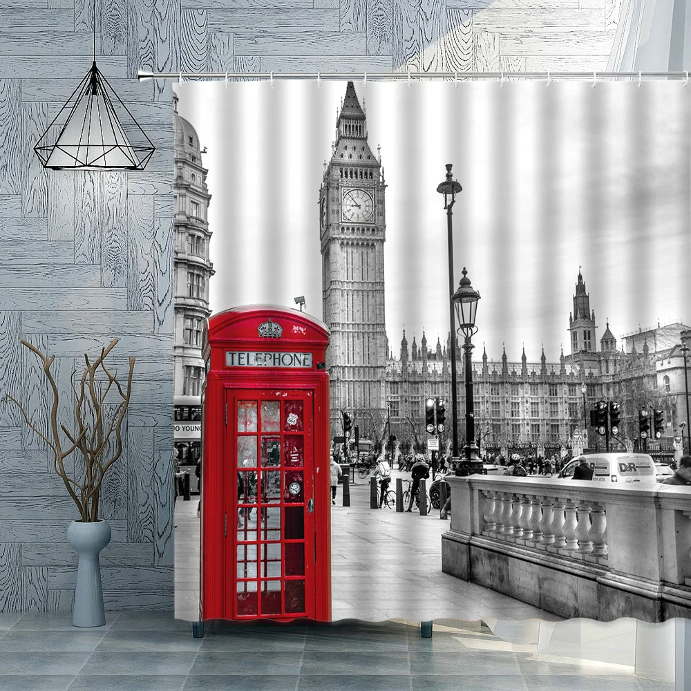 Лондонский Биг Бен, Красная телефонная будка, занавеска для душа в ванной в стиле ретро, водонепроницаемая полиэфирная ткань, Художественное оформление дома, занавески для ванной