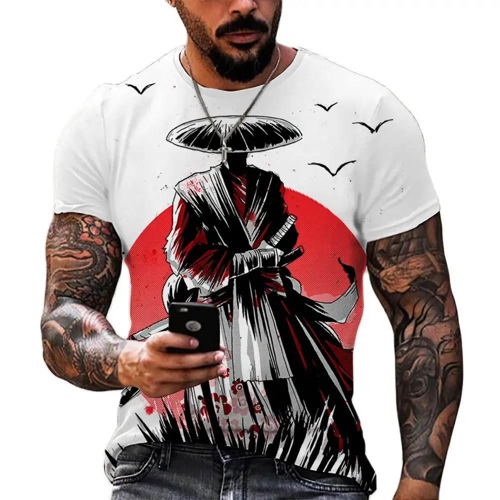Мужская винтажная футболка Samurai с 3D принтом в японском стиле, топ с коротким рукавом, уличная мода в стиле хип-хоп, мужская футболка большого размера