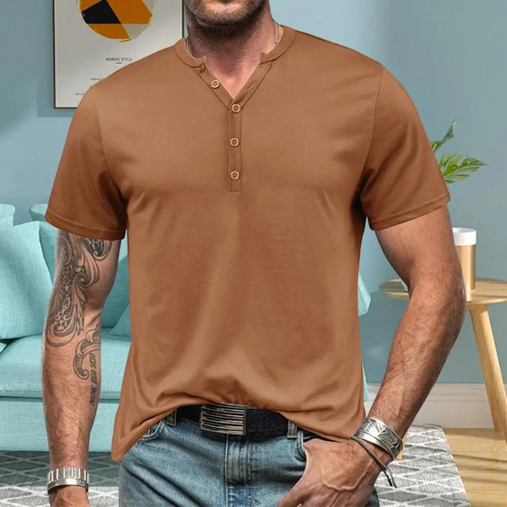 Мужская летняя футболка с V-образным вырезом и короткими рукавами, Тонкий пуловер на пуговицах, повседневная мягкая дышащая быстросохнущая мужская спортивная верхняя одежда средней длины