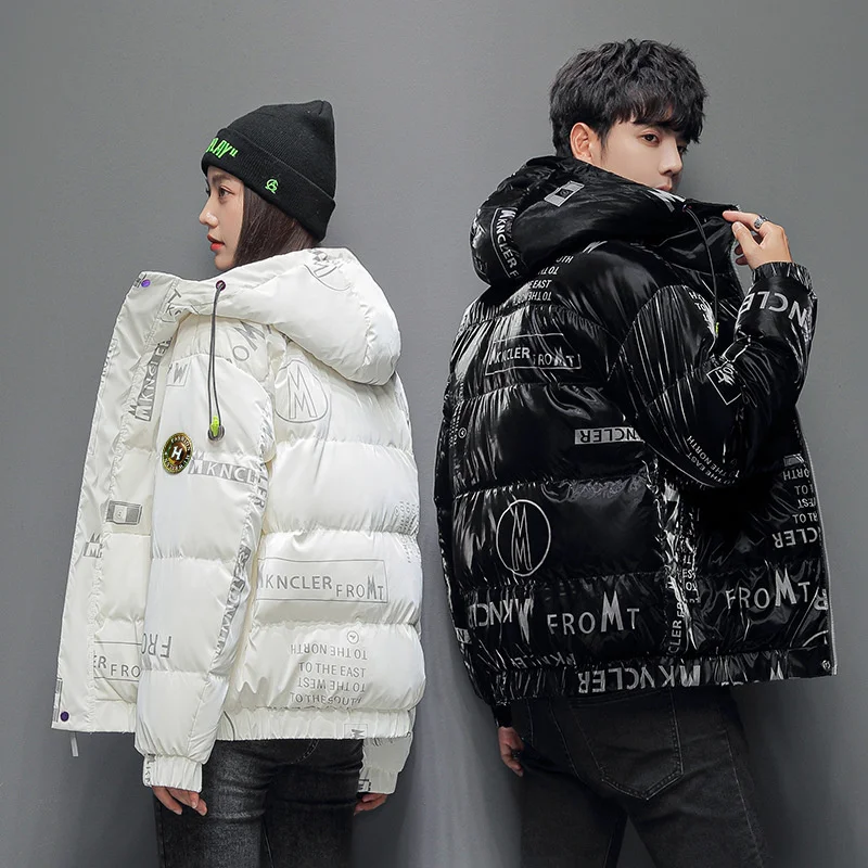 Мужская осенне-зимняя куртка с буквенным принтом, куртка на белом утином пуху, короткая версия, молодежная студенческая куртка корейской моды с капюшоном
