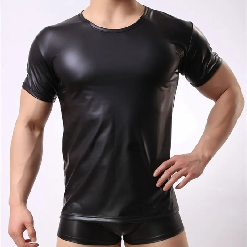 Мужская футболка из искусственной кожи с коротким рукавом, сексуальная футболка из латексной кожи, топы, шорты-боксеры, нижнее белье, клубная одежда для вечеринок, мужская одежда