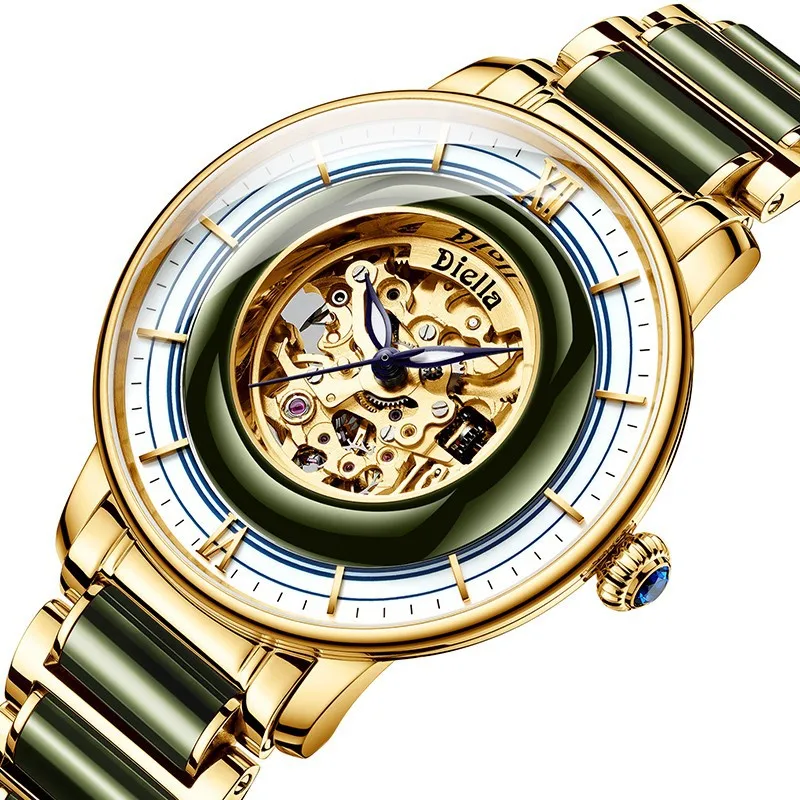 Мужские механические часы Diella Luxury Watch Jade с полностью автоматическим стальным ремешком, водонепроницаемые светящиеся деловые мужские часы