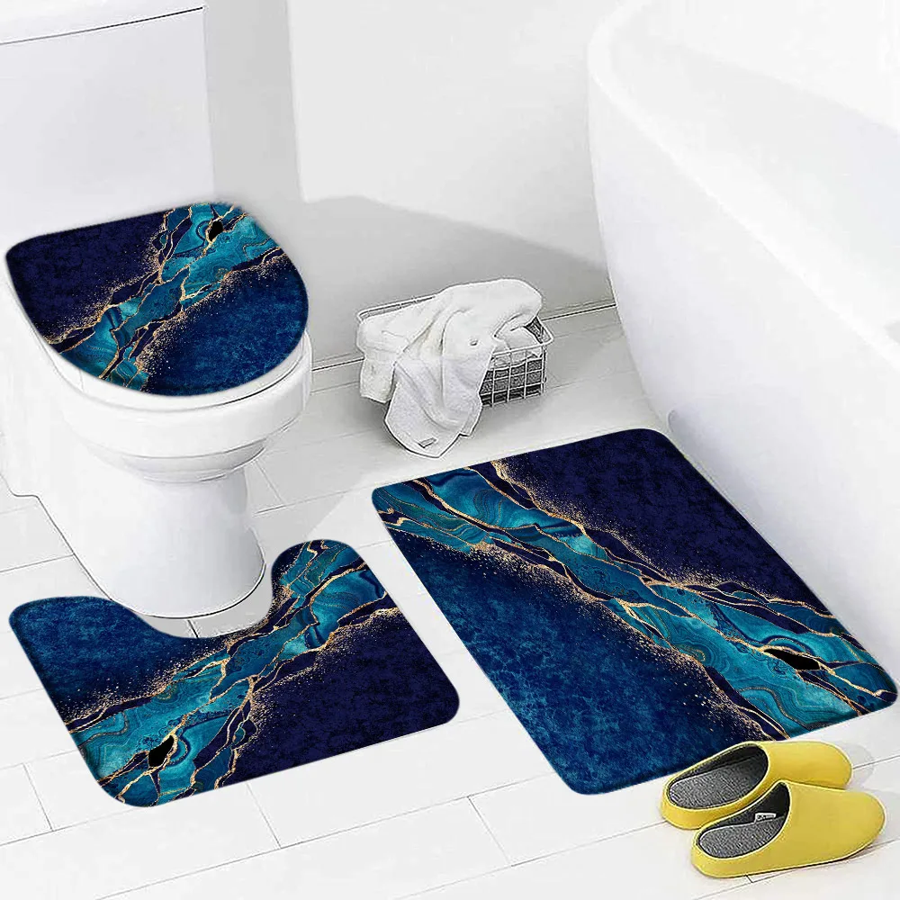 Набор ковриков для ванной из абстрактного синего мрамора, Фланелевый ковер с золотистым хрустящим текстурированным рисунком, домашний декор для ванной комнаты, нескользящий коврик, крышка унитаза