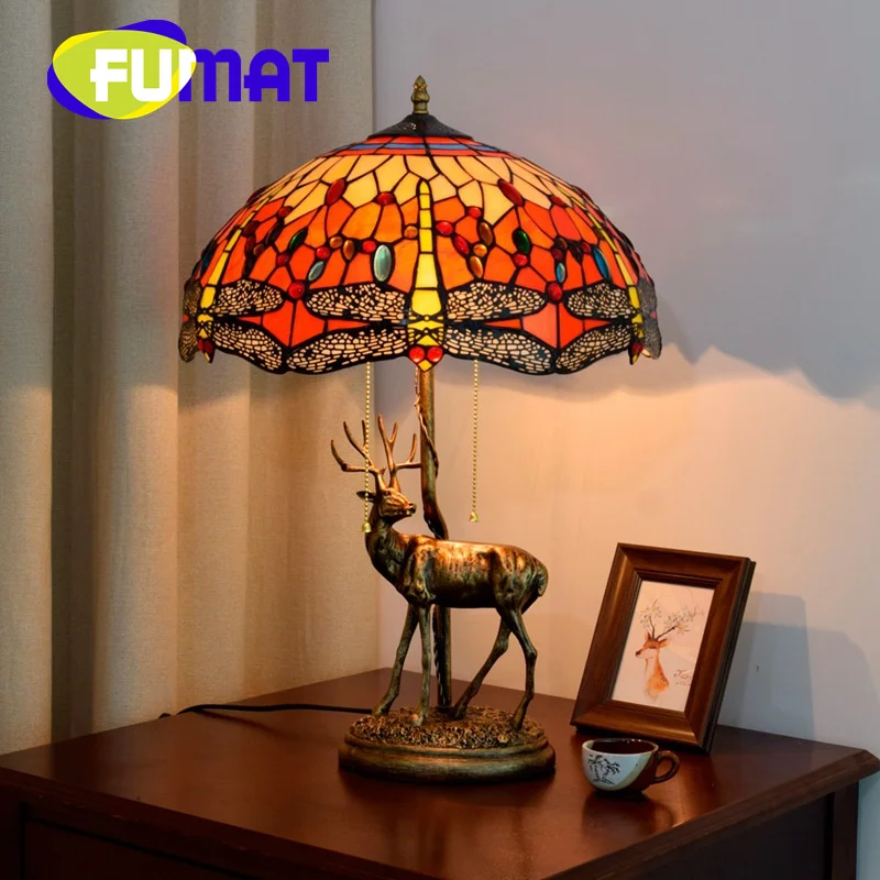 Настольная лампа с витражным стеклом FUMAT Tiffany, стиль elk red bottom dragonfly, бар-ресторан, прикроватная лампа для чтения в спальне, прикроватная лампа для чтения в спальне,