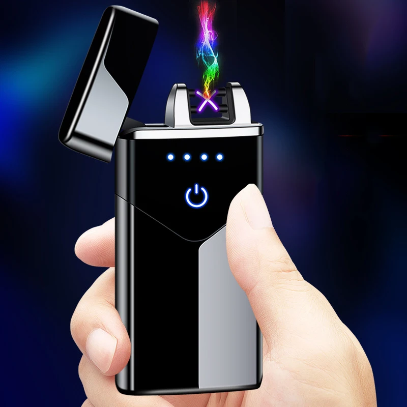 Новая Горячая распродажа Плазменная Двухдуговая Беспламенная Ветрозащитная зажигалка с сенсорным зажиганием, Светодиодный аккумуляторный дисплей, Портативная зарядка через USB, Подарок для мужчин