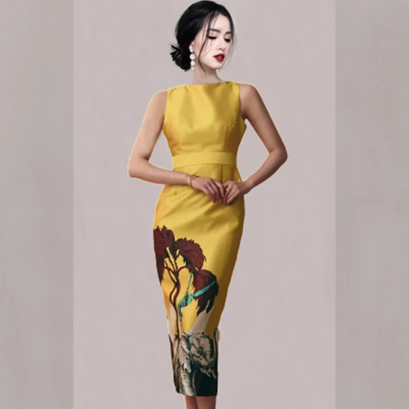 Новая корейская версия летних элегантных приталенных платьев средней длины с круглым вырезом, женская сексуальная сумка без рукавов, платья с принтом в стиле хип-хоп, Vestidos