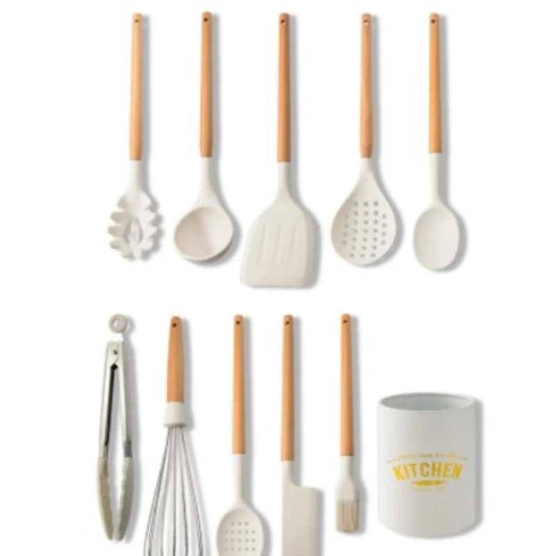 Новая молочно-белая кухонная посуда из пищевого силикона с деревянной ручкой, Практичные инструменты для приготовления пищи, Лопатка, Ложка, кухонные принадлежности