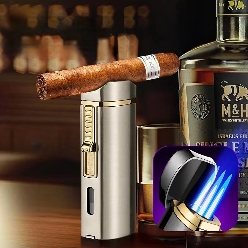 Новая роскошная зажигалка для сигар, Металлическая прямоструйная бутановая Зажигалка, Аксессуары для курения, Классный сигарный пунш, мужские подарки