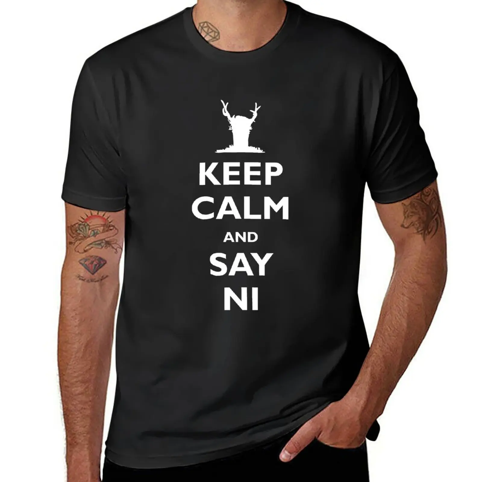 Новая футболка Keep Calm and Say Ni, футболки на заказ, одежда kawaii, Короткая футболка, футболки для любителей спорта, мужские однотонные футболки