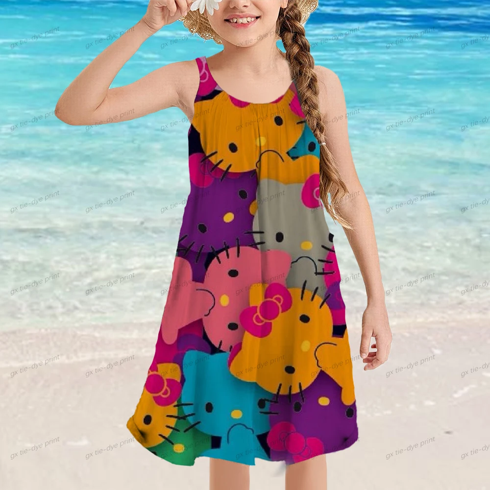 Новое летнее повседневное платье для девочек HELLO KITTY для детей 4, 5, 6, 7, 8, 9, 10 лет, Детское платье без рукавов, милое платье для девочек