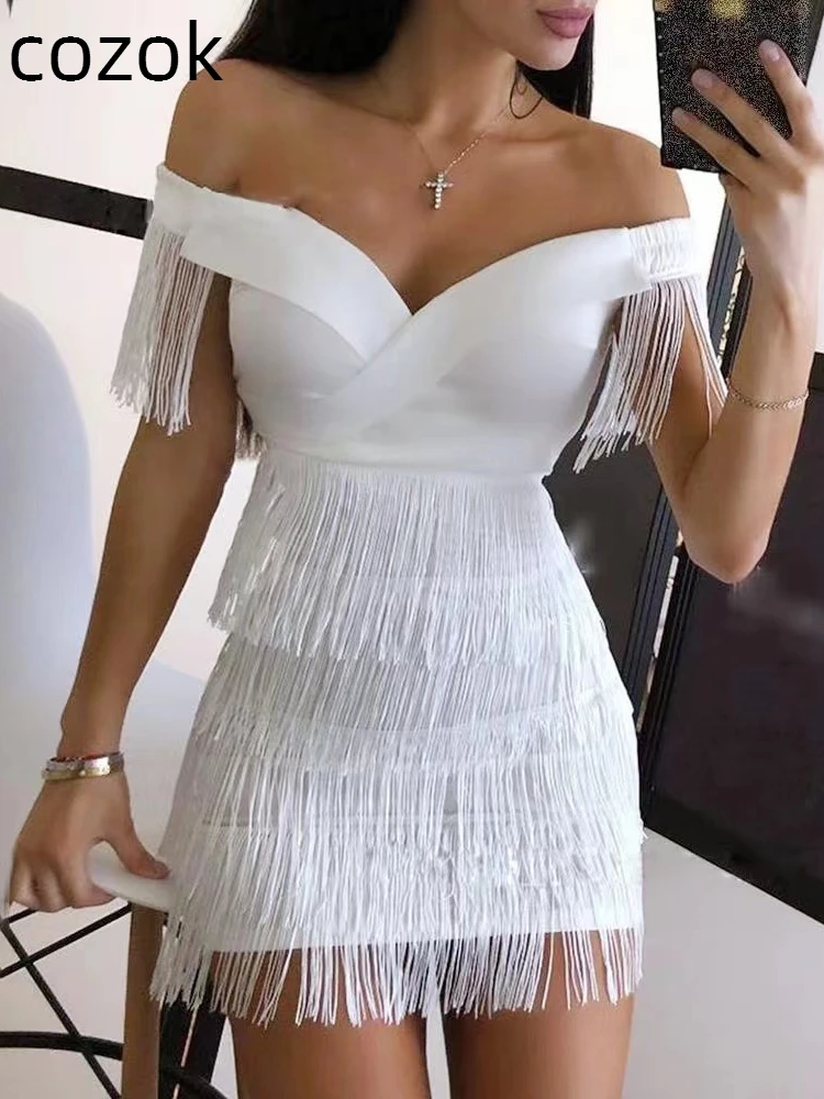 Новое летнее сексуальное женское платье Mini Slim Fit с кисточками, облегающие вечерние платья с V-образным вырезом и открытыми плечами, Женское вечернее платье