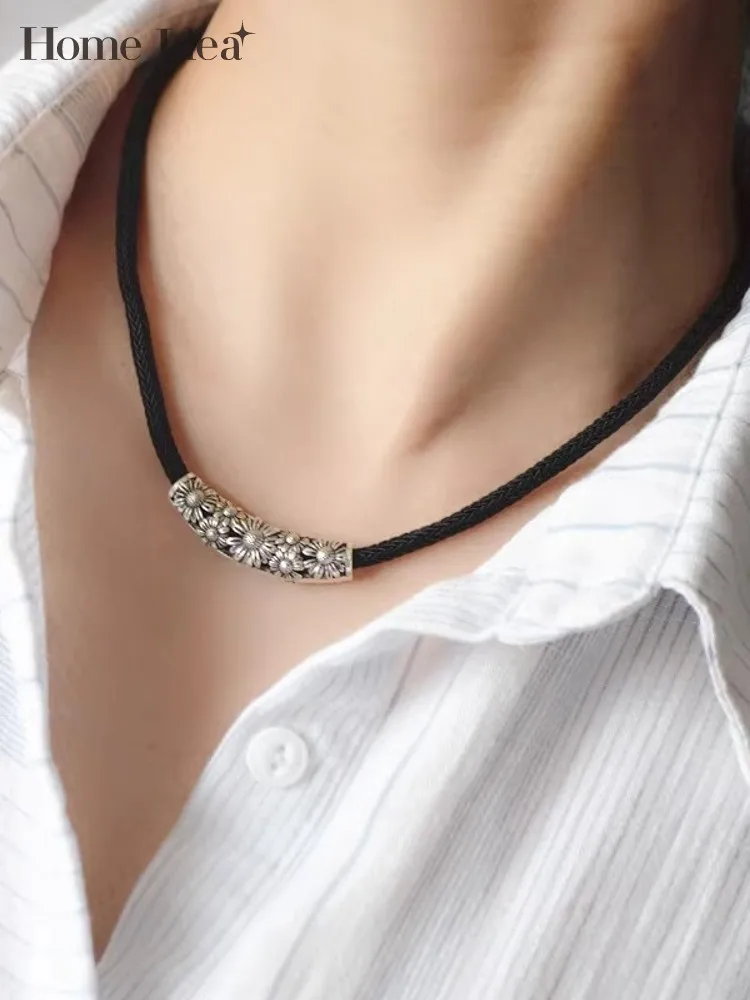 Новое ожерелье с цветами из стерлингового серебра, женская Летняя винтажная цепочка-ошейник, черная веревка, цепочка на шею из серебра 925 пробы.