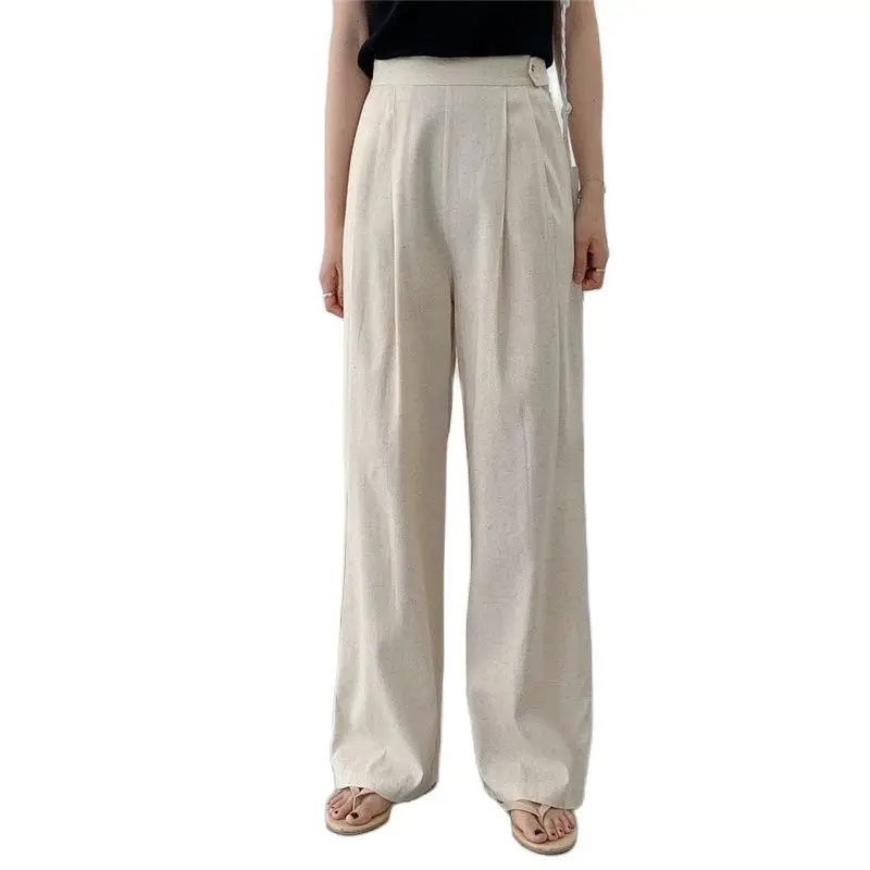 Новые Модные Женские Льняные брюки 2023 года Свободного дизайна с высокой эластичной талией и большим подолом, Однотонные Летние женские брюки