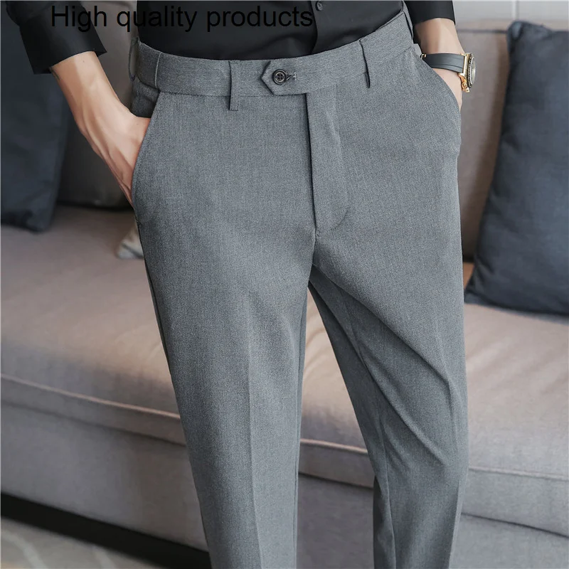 Новые однотонные мужские брюки с высокой талией в британском стиле, деловая официальная одежда, качественные тонкие повседневные офисные брюки 28-38