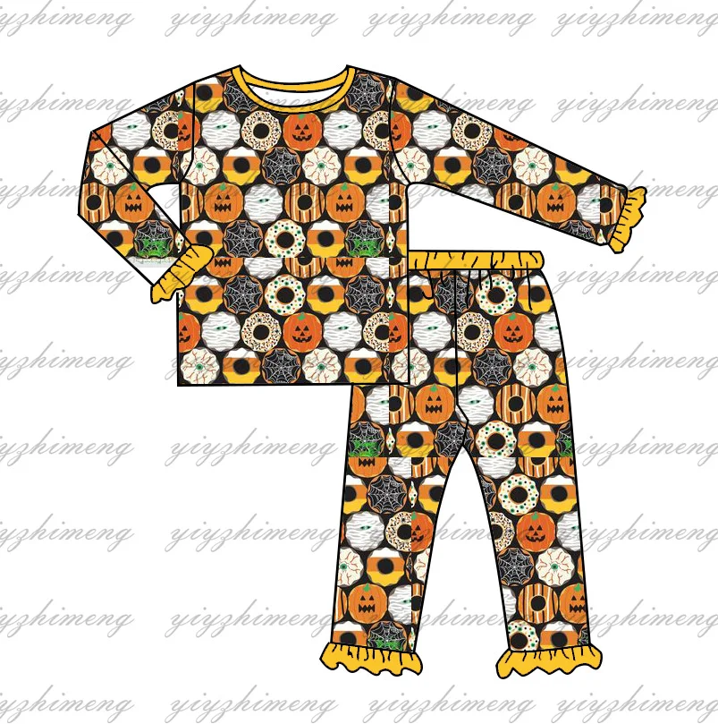 Новый дизайн в стиле Хэллоуина, пижамный комплект с рисунком пончика из тыквы для девочек и мальчиков, комплект штанов с длинными рукавами для братьев и сестер, 2 предмета