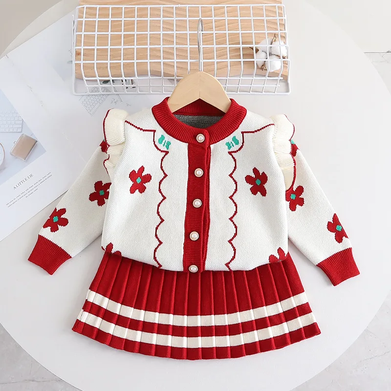 Новый осенне-зимний детский костюм 2023 года, вязаный кардиган с цветочным рисунком, комплект из двух предметов для маленьких девочек, детская одежда, модный свитер для девочек