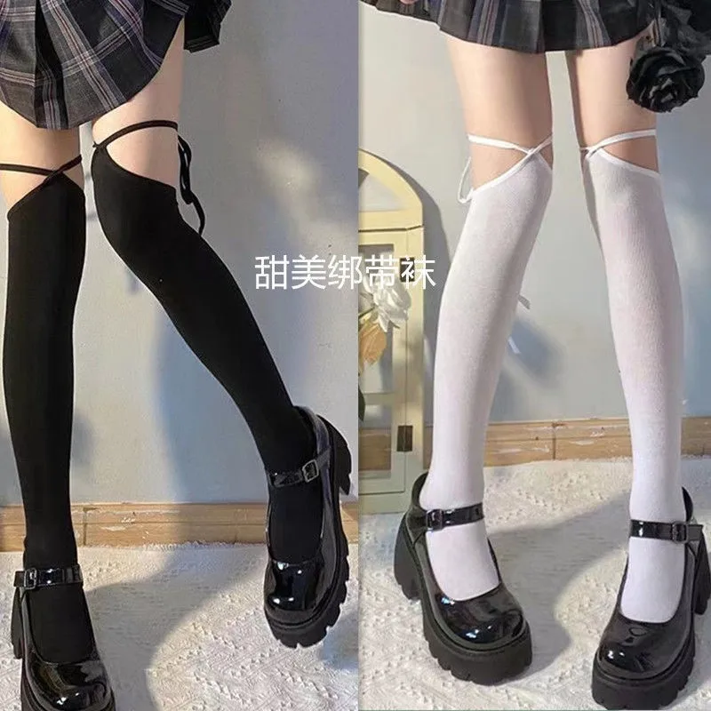 Носки выше колена с перекрестным ремешком в японском стиле, Длинные женские студенческие носки в стиле милой Лолиты, Чулки средней высоты, Хлопковые носки