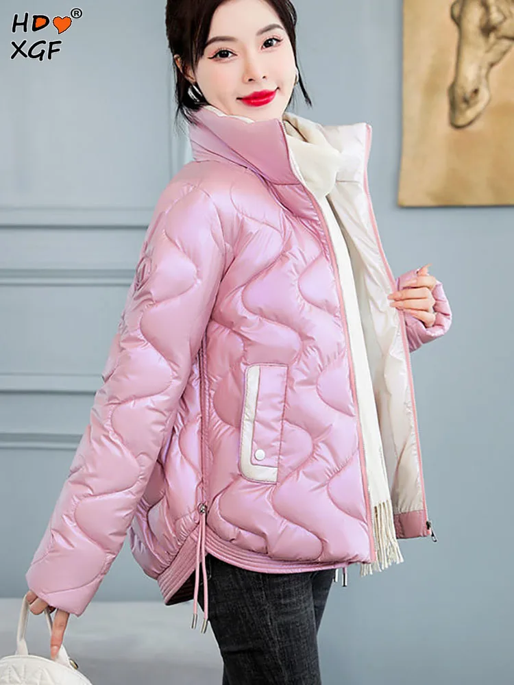 Однотонные хлопчатобумажные куртки из глянцевого пуха больших размеров, Корейские модные парки с карманами и воротником-стойкой на молнии, Женские простые утолщенные пальто