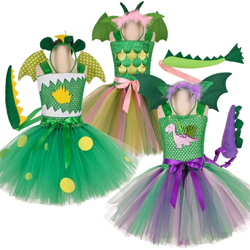 Платье-пачка с динозавром, косплей-костюм для девочек на Хэллоуин с головным убором, новогодний школьный танцевальный костюм принцессы для девочек