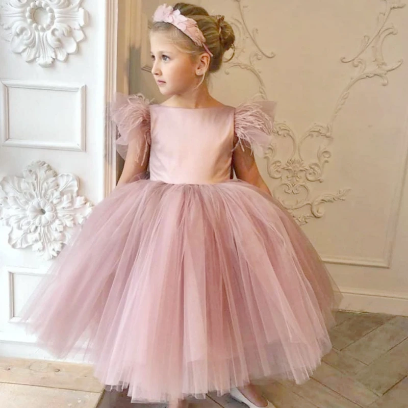 Платья для девочек-цветочниц Розовые Пышные рукава с перьями без спинки и большим бантом для свадьбы, Дня рождения, банкета, платья принцесс
