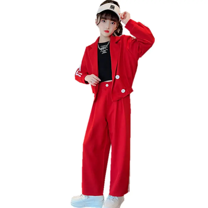 Повседневный костюм для молодых девушек, блейзер + широкие брюки, Комплекты одежды из двух предметов красного и хаки, Горячие предложения 2023 года, детская одежда для выступлений.