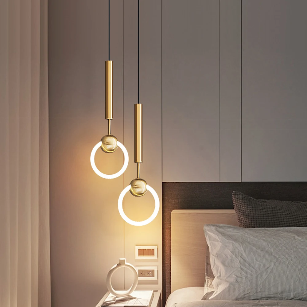 Подвесной светильник с золотым кольцом SGROW, Современная светодиодная подвесная лампа, прикроватная тумбочка для спальни, минималистичное фоновое освещение для гостиной в скандинавском стиле