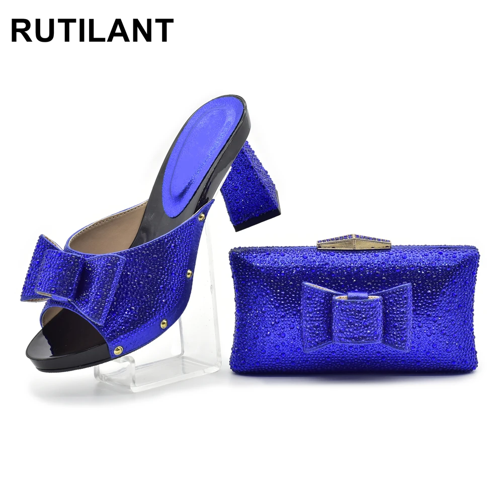 Подходящие туфли и сумочка, украшенные стразами, королевские синие туфли и сумочка для свадьбы, женские туфли и сумочка для вечеринки
