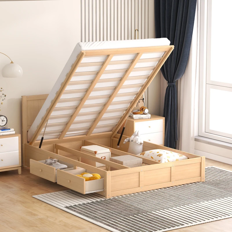 Полноразмерная деревянная кровать-платформа с Нижним местом для хранения вещей и 2 Выдвижными ящиками, подходит для спален, цвет дерева