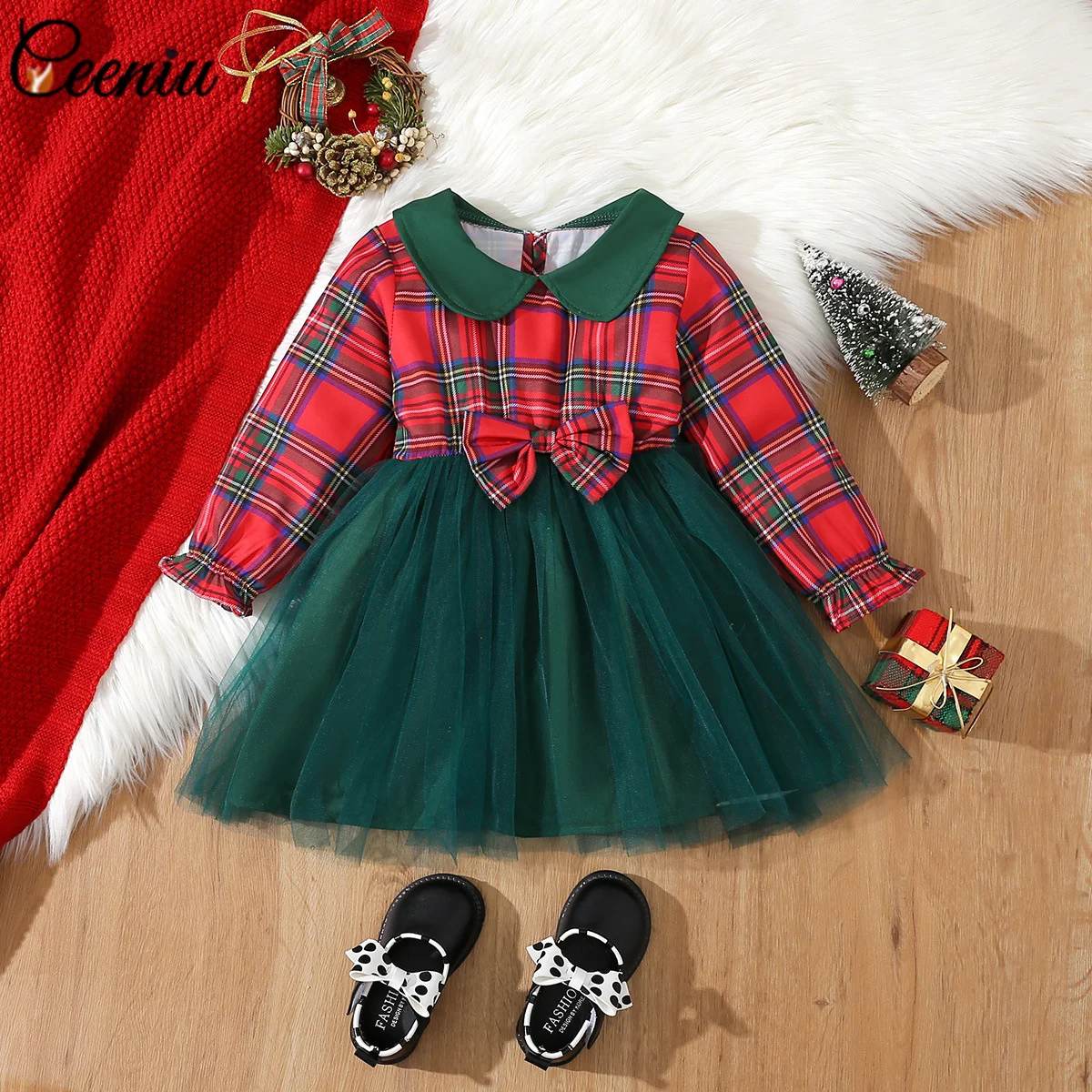 Рождественские платья Ceeniu для девочек 2-6 лет, зимнее красное платье в клетку, новогодний костюм, вечернее платье принцессы, детская рождественская одежда