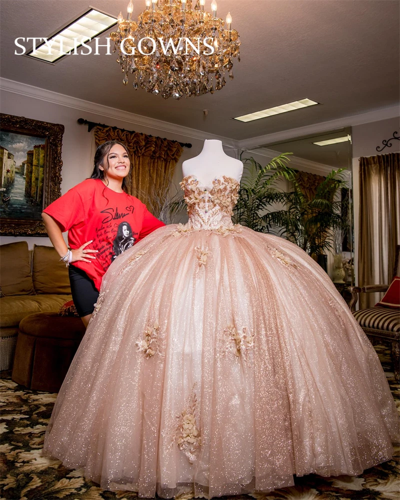 Розовые Пышные Платья Без Бретелек с Бисером Princess Sweet 16 3D Цветов, Бальное Платье Vestidos De 15 Años Robe De Bal