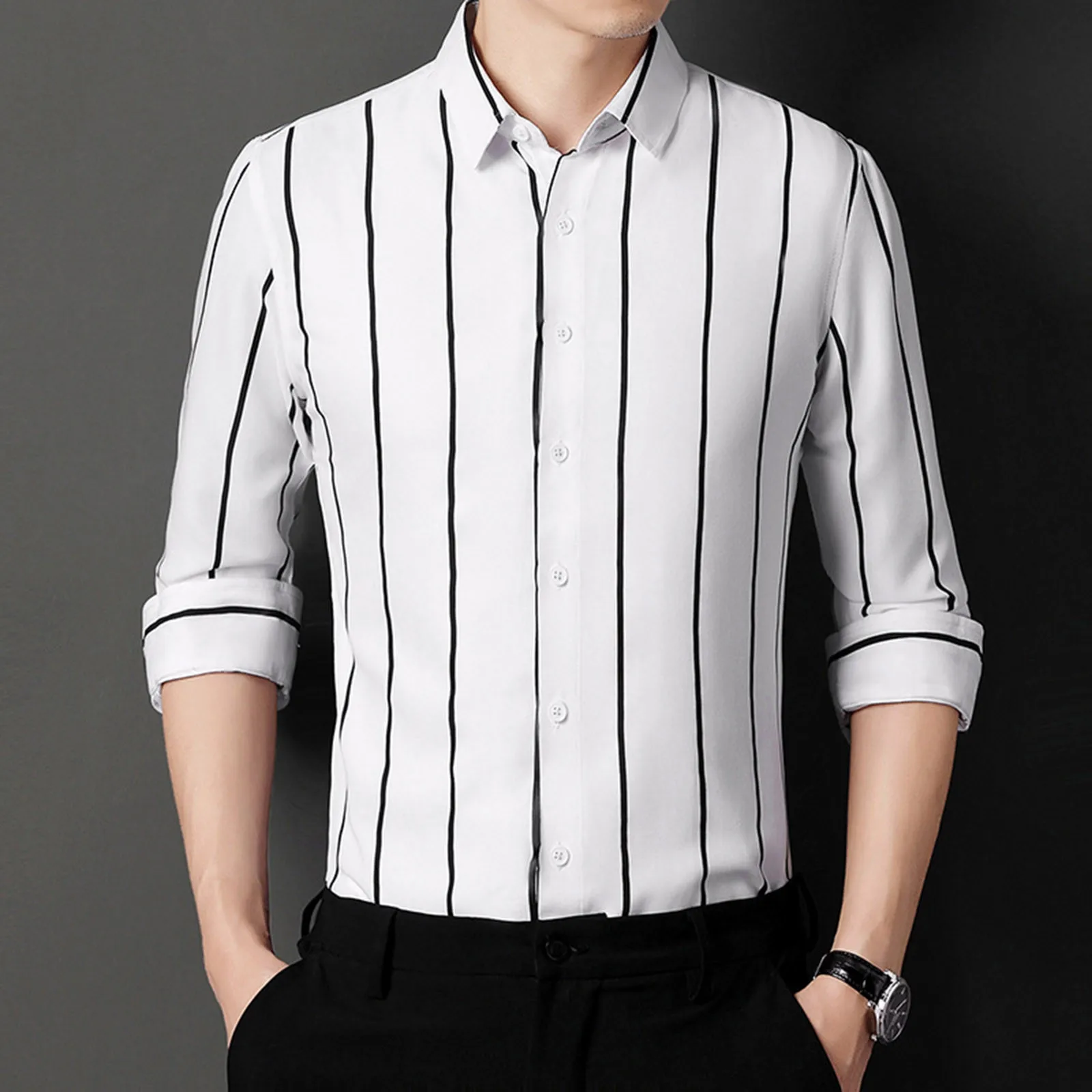 Рубашка в корейском стиле, повседневные рубашки с принтом в полоску, модная блузка, мужские рубашки с воротником-лацканами, блузки на пуговицах, топы с длинными рукавами