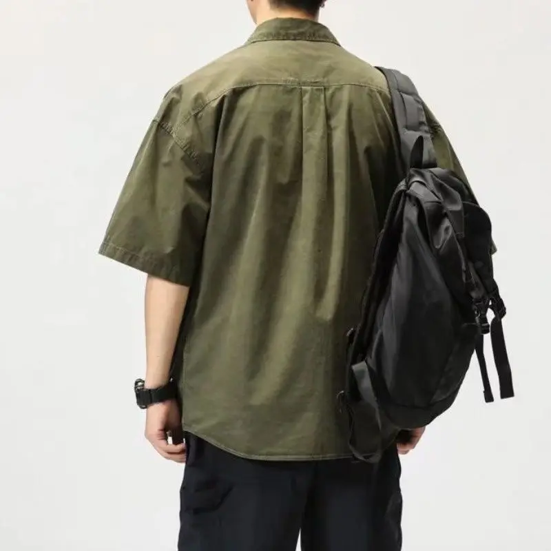 Рубашки-карго, Модная мужская одежда с коротким рукавом, Летний Корейский стиль, свободная универсальная красивая сорочка Homme, однотонные топы Harajuku