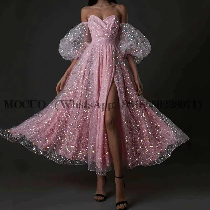 Сверкающие Пыльно-розовые вечерние платья с пышными короткими рукавами и разрезом по бокам, платья для выпускного вечера длиной до чая 2023, вечерние платья для вечеринок