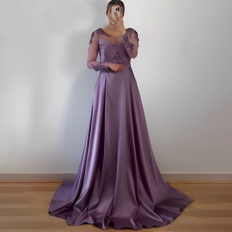 Светло-фиолетовые платья для выпускного вечера трапециевидной формы с длинными рукавами, украшенные бисером, Атласное Вечернее платье для гала-концерта, женское вечернее платье большого размера