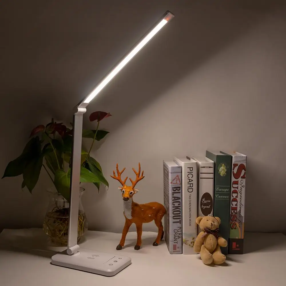 Светодиодная бесступенчатая светодиодная настольная лампа с регулируемой яркостью с функцией беспроводной зарядки, 4 режима освещения, защита глаз, USB-настольная лампа