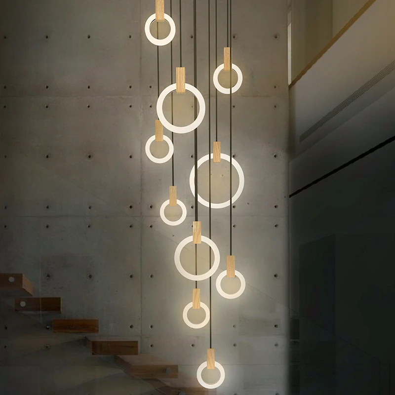 Современная светодиодная лестничная люстра в скандинавском стиле потолочные подвесные светильники для гостиной, спальни, акриловые кольца, светильники, деревянные подвесные светильники