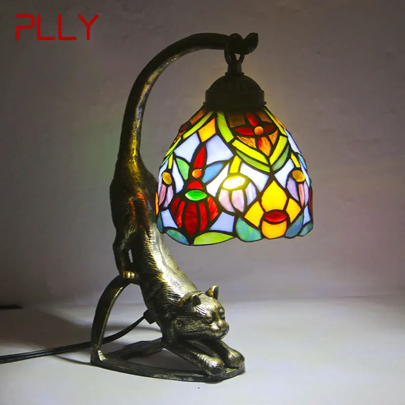 Стеклянная настольная лампа PLLY Tiffany LED Винтажная Креативная Новинка Cat Настольный Светильник Декор для дома Гостиной Спальни Прикроватной Тумбочки