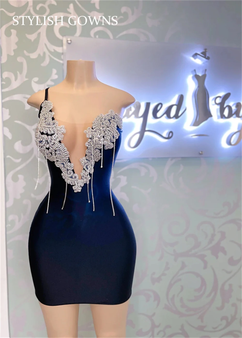 Темно-синее Короткое платье для выпускного вечера с бисером и кристаллами на одно плечо для чернокожих девочек, мини-коктейльные платья с кисточками, платья для вечеринки по случаю Дня рождения 2023 года