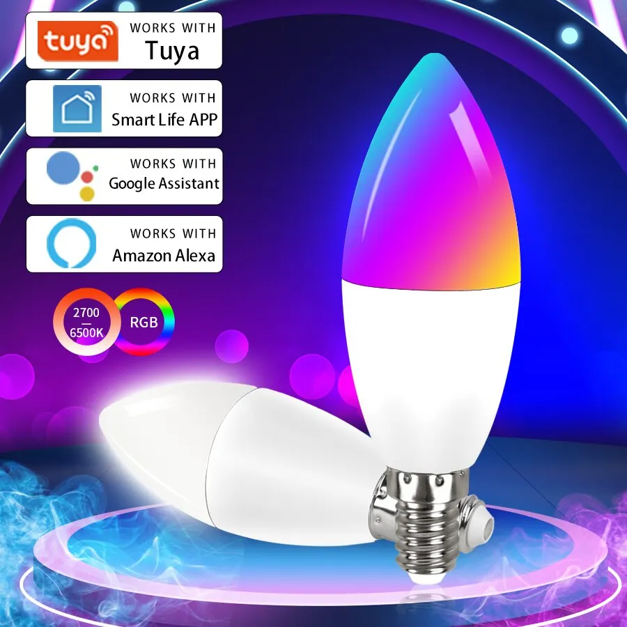 Умная светодиодная лампа Tuya WIFI E14 5 Вт 7 Вт RGB с регулируемой яркостью, голосовое управление лампой, работа с Alexa, Google Home Assistant, Яндекс Алиса