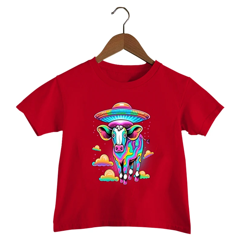 Футболки с инопланетным быком, детская футболка в стиле ретро с животными, Летние забавные футболки с инопланетным НЛО для мальчиков, harajuku y2k kawaii, детская одежда для девочек