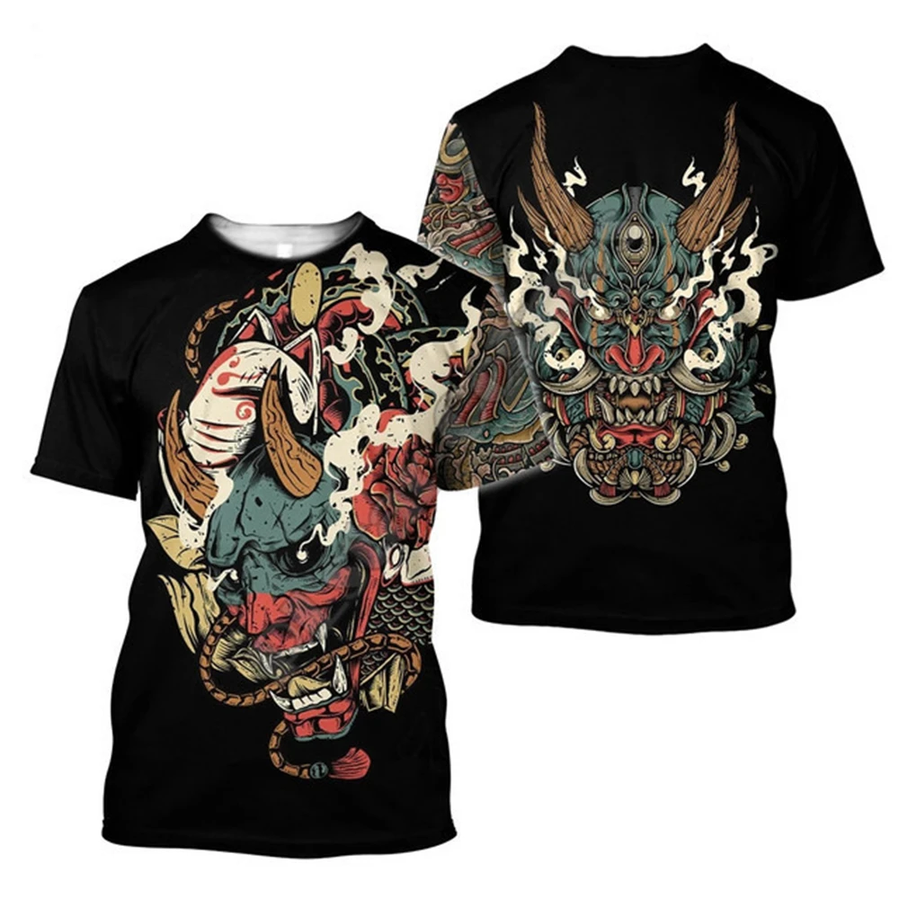 Хип-хоп Мужские Черные футболки с принтом демона, винтажная мужская модная свободная футболка, повседневная футболка с круглым вырезом