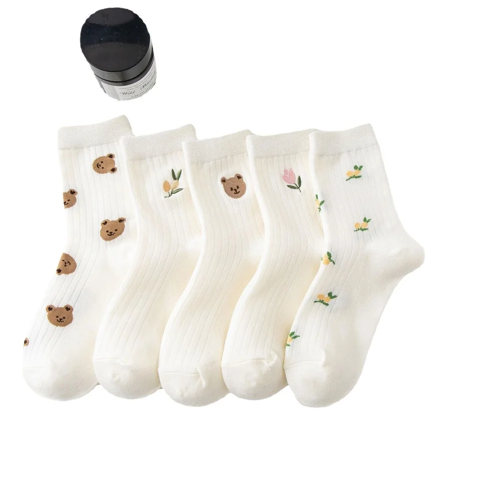 Хлопчатобумажный Женский Комплект носков с вышивкой Медведя Kawaii INS Cartoon Girl Зима Лето Милые Повседневные Длинные Корейские Мягкие Белые Носки